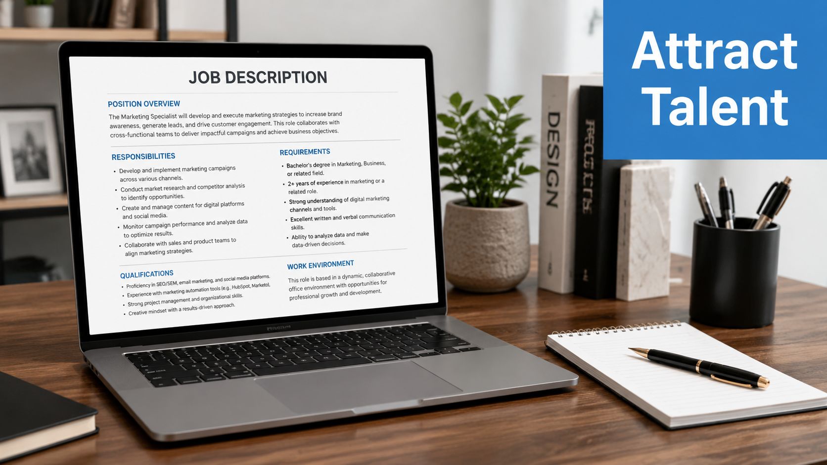 A modern laptop on a wooden desk displaying a professional marketing specialist job description.