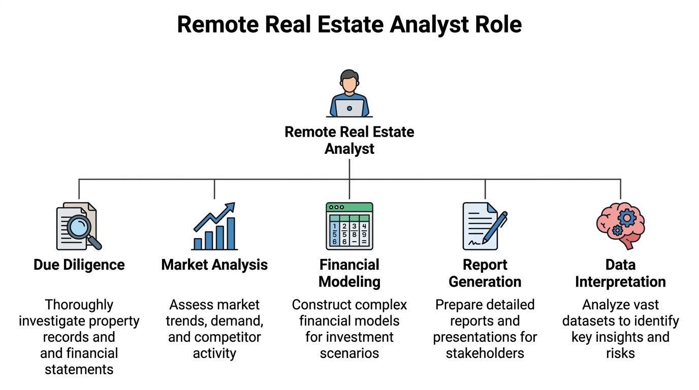 A diagram illustrating the core responsibilities of a remote real estate analyst, including data and analysis tasks.