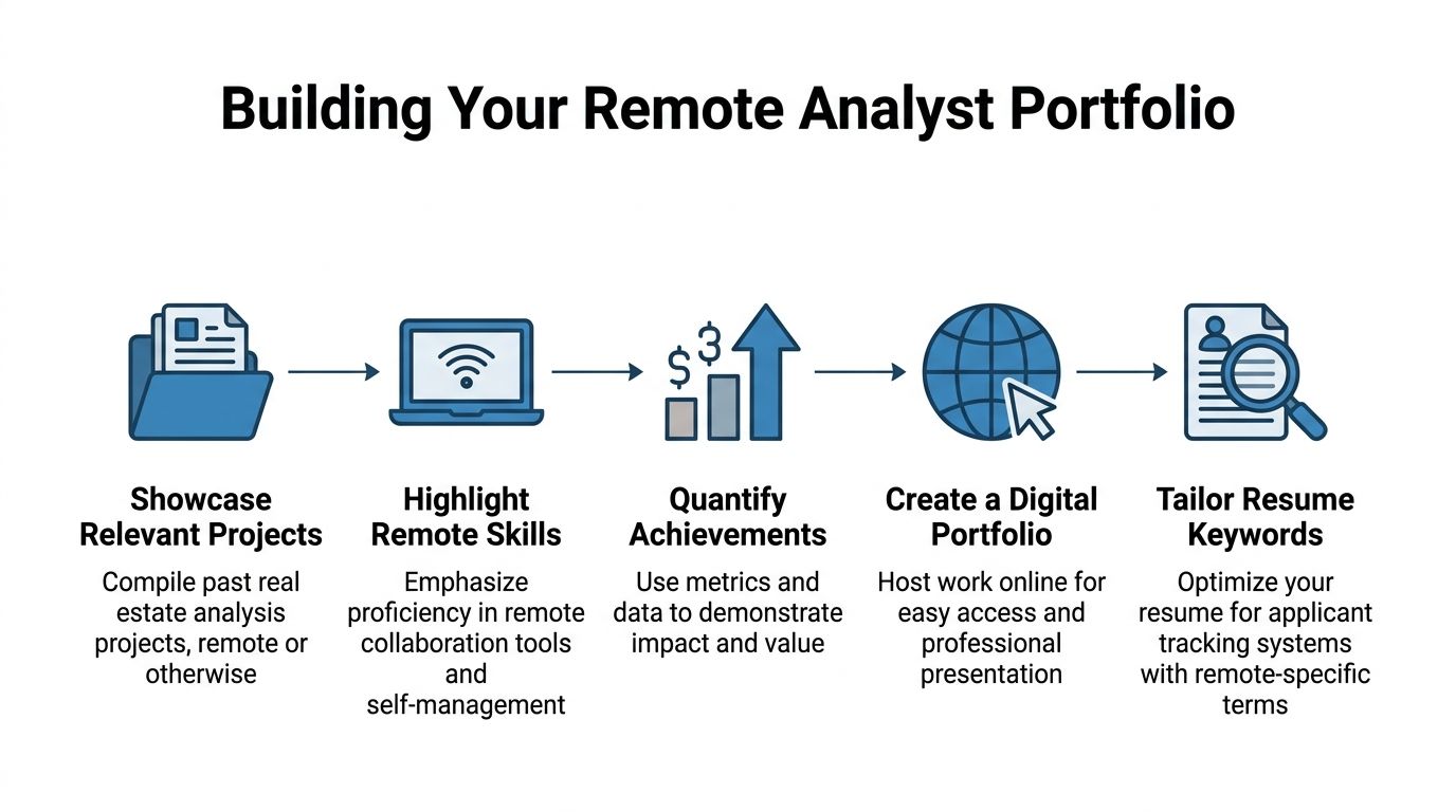 A flowchart infographic titled Building Your Remote Analyst Portfolio outlining five steps to securing remote job opportunities.