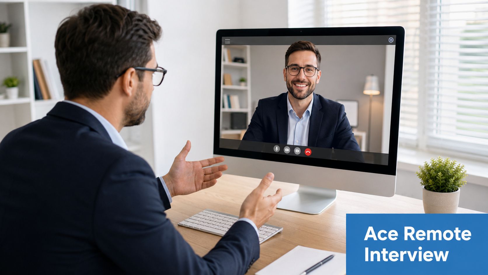 A professional man conducting a remote video interview at his office desk on a computer.