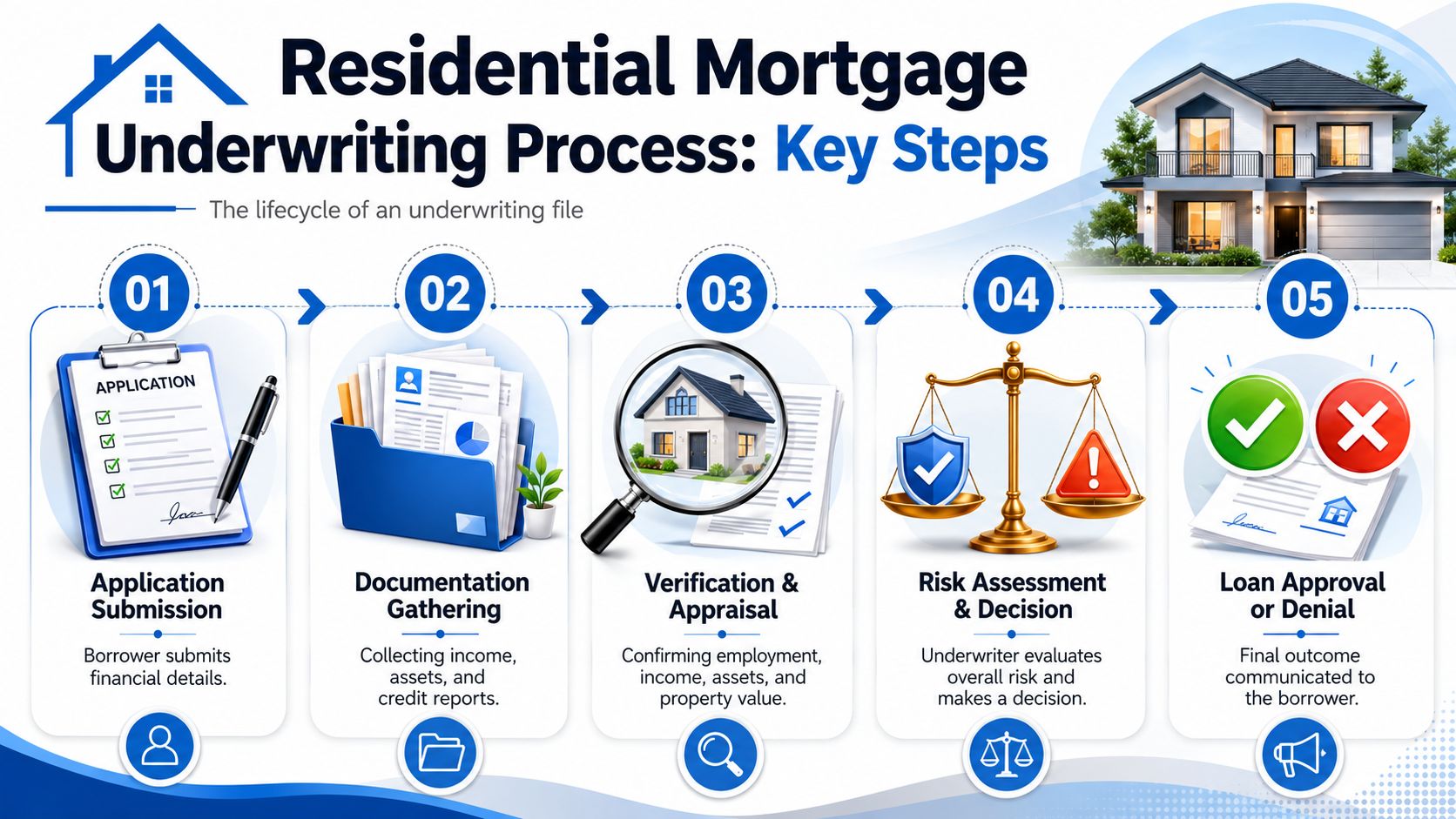 A five-step infographic showing the residential mortgage underwriting process from application submission to loan decision.