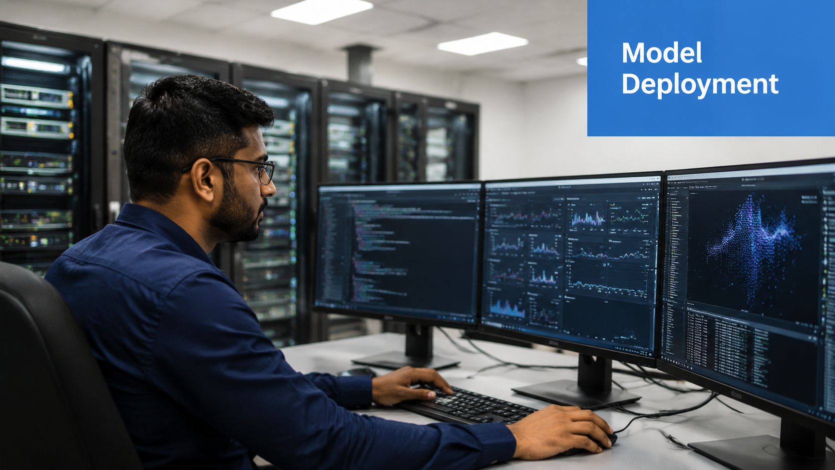 A data engineer monitoring churn prediction models and server performance on multiple computer screens in a datacenter.