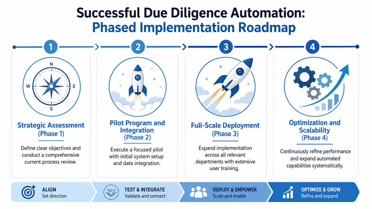 A four-phase implementation roadmap for successful due diligence automation, illustrating the strategic process from assessment to scalability.