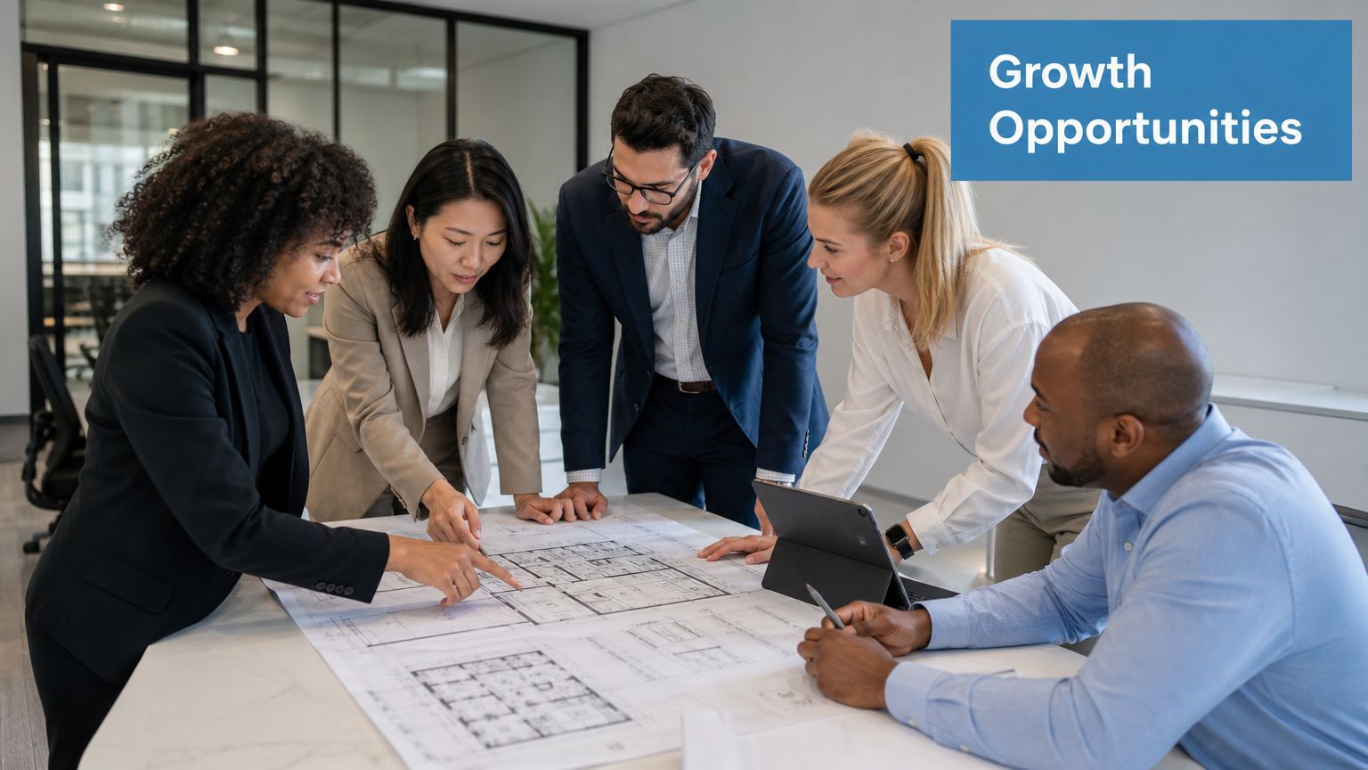 A professional team of architects and developers collaborating over floor plans in a modern office space.