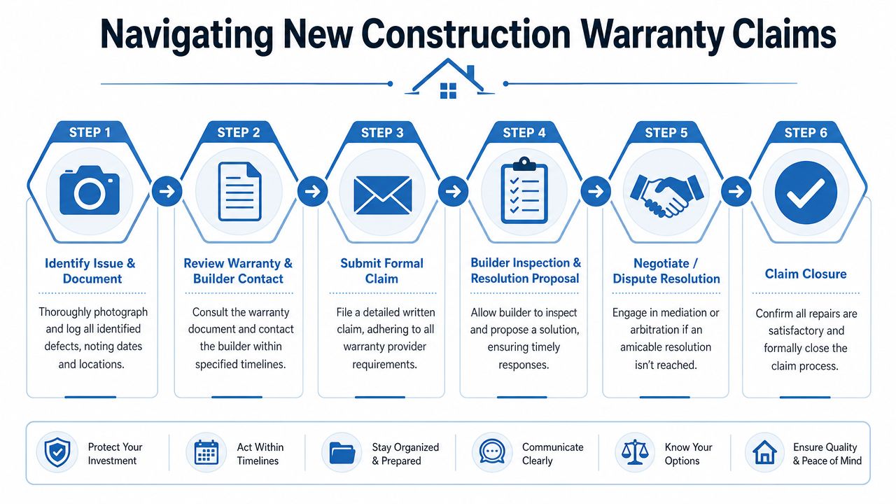 A flowchart infographic titled Navigating New Construction Warranty Claims showing six steps to resolve builder defect issues.
