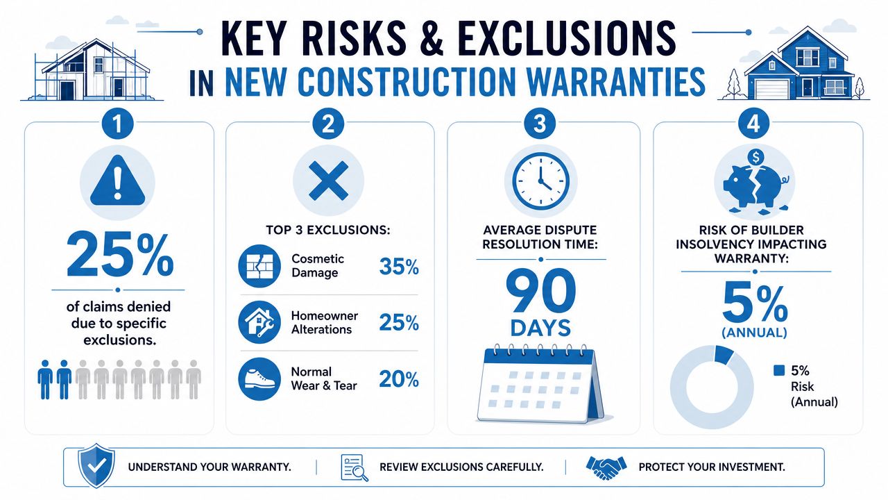 An infographic detailing key risks and exclusions for new construction warranties including common claim denial statistics.