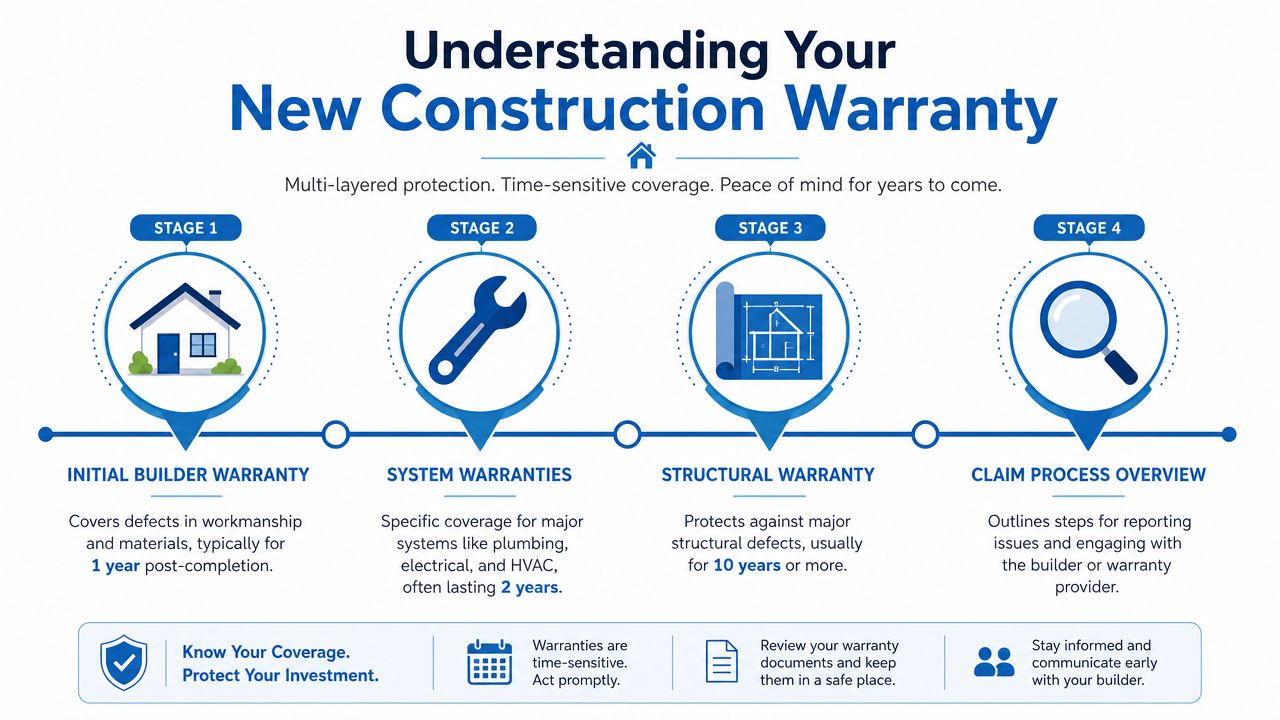 An infographic detailing the four stages of a new home construction warranty covering workmanship, systems, and structures.