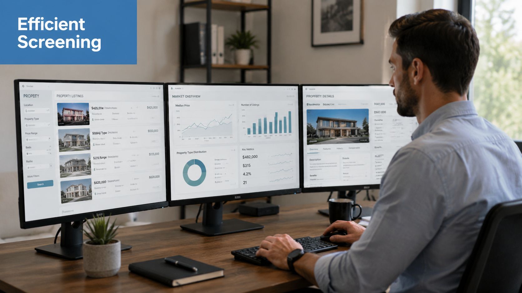 A professional analyzing real estate investment data and property market trends on a triple monitor setup.