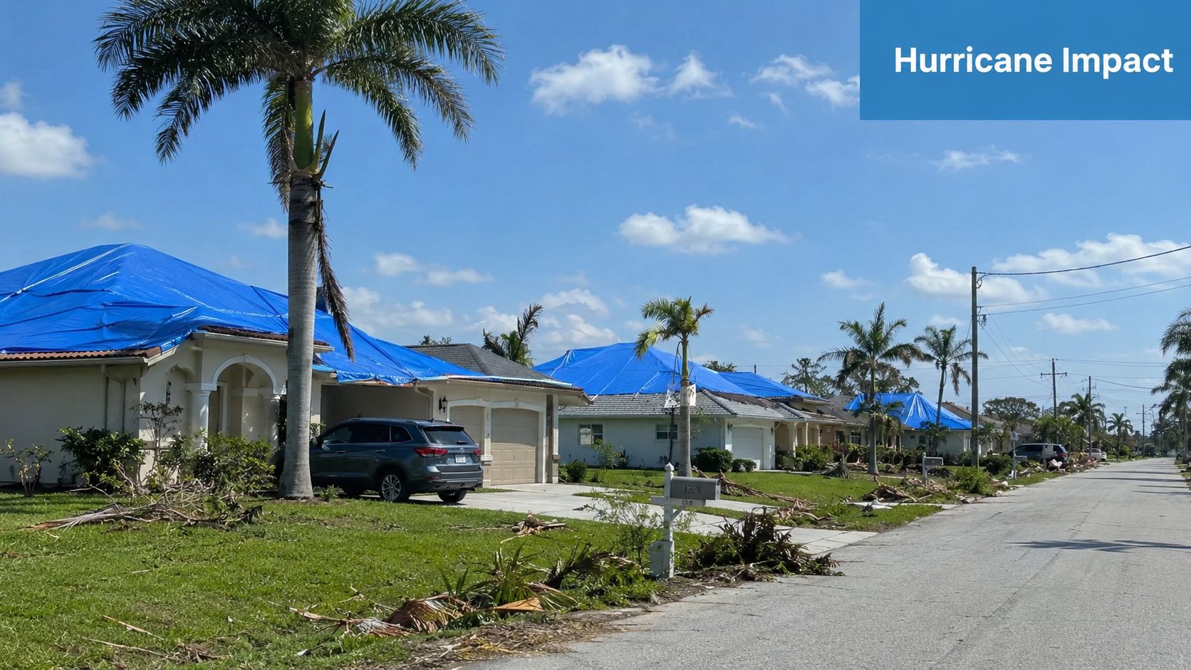 A suburban residential street in Florida with houses featuring blue tarps covering roofs after hurricane damage.