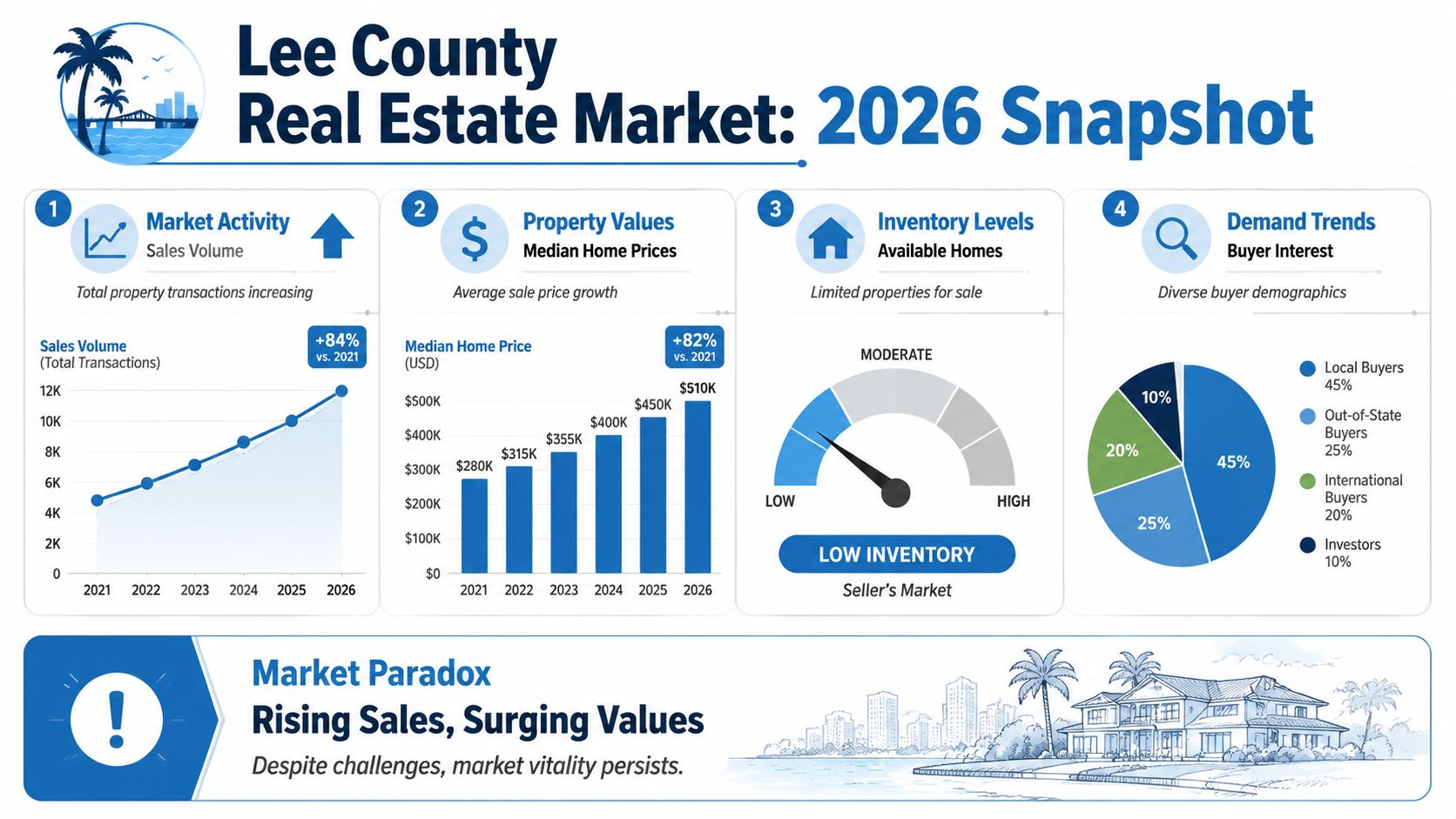 An infographic showing the 2026 Lee County real estate market trends in sales volume, prices, inventory, and demand.