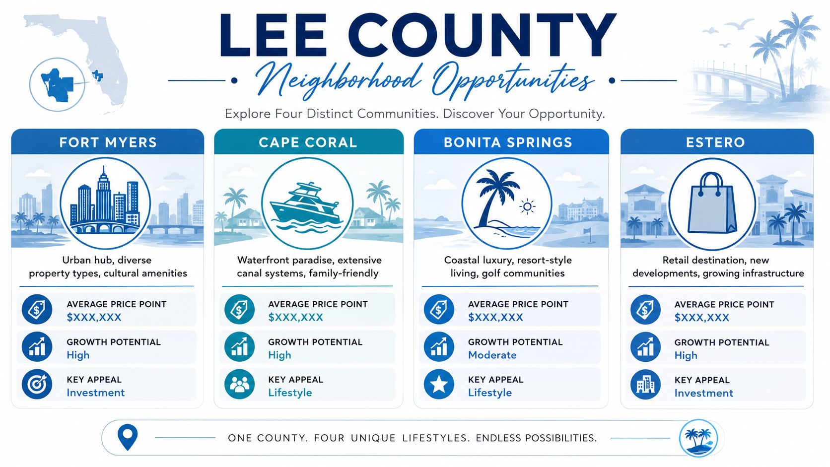 An infographic showing real estate investment opportunities in four Lee County, Florida neighborhoods including city profiles.