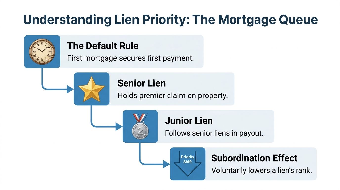 An infographic explaining mortgage lien priority, featuring a default rule, senior lien, junior lien, and subordination effect.