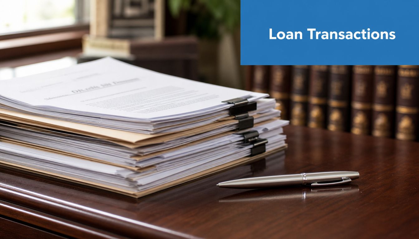 A stack of legal documents and a pen sitting on a polished mahogany desk in a library.