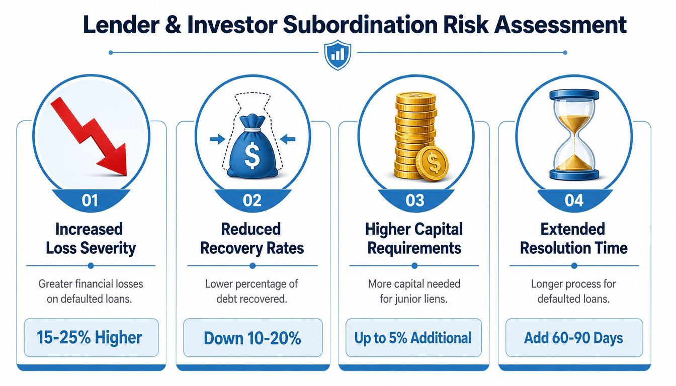 An infographic titled Lender and Investor Subordination Risk Assessment showing four key financial risks including loss severity, recovery rates, capital requirements, and resolution time.