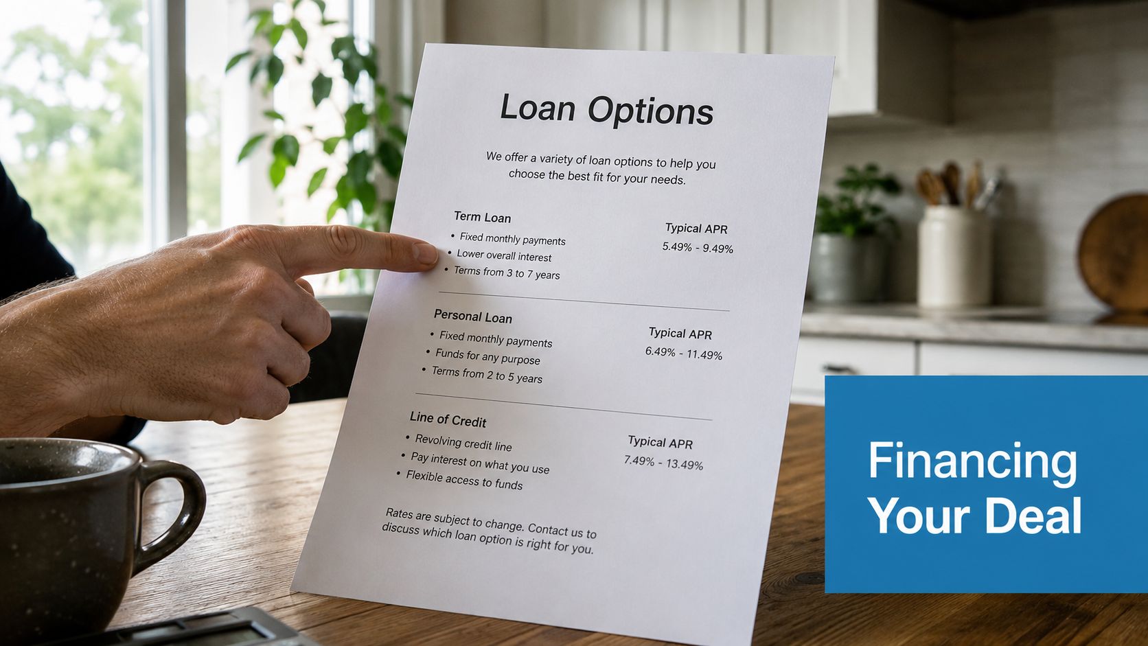 A hand pointing to a document titled Loan Options detailing different financing types and interest rates.