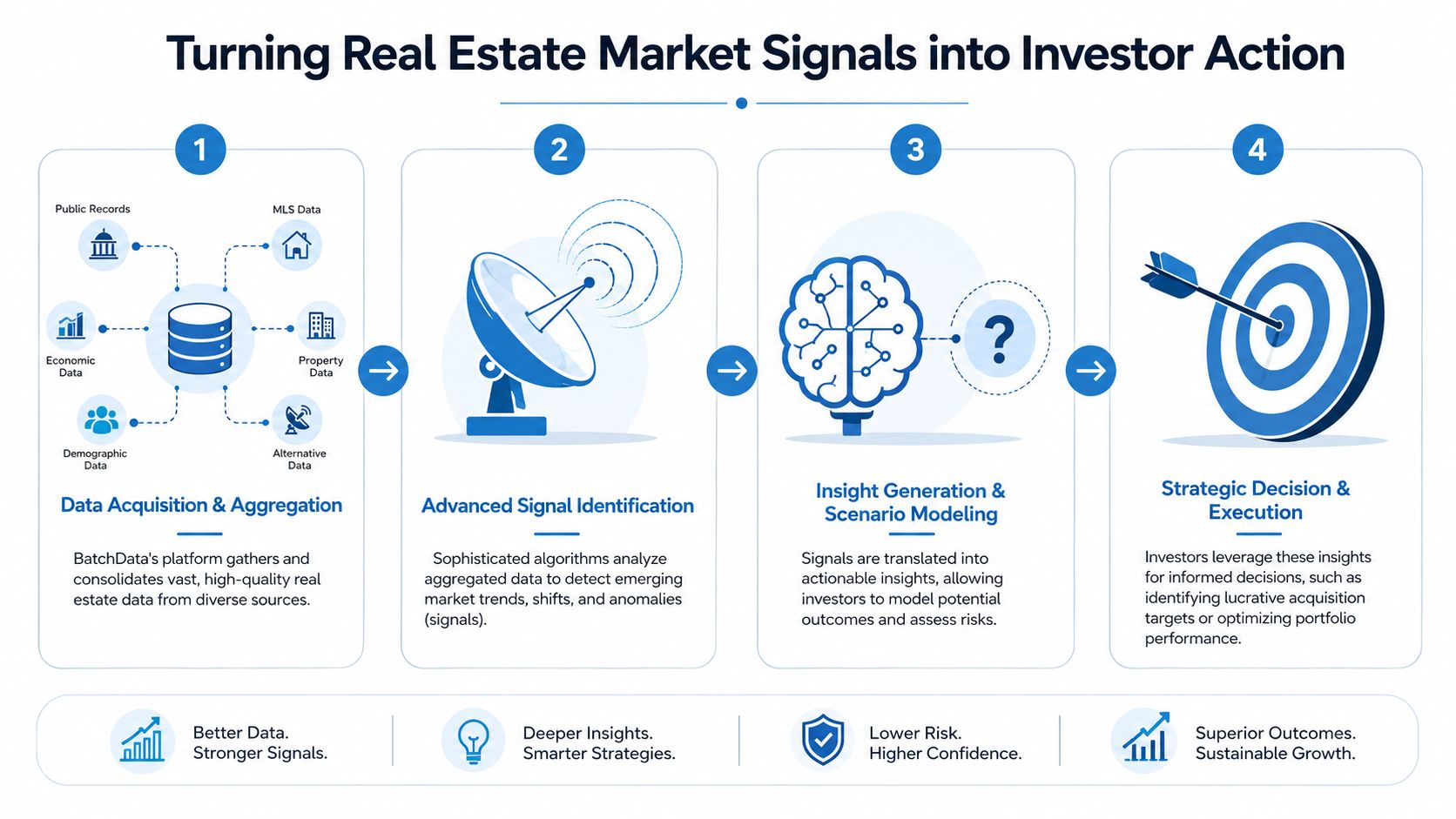 A diagram illustrating a four-step process for turning real estate market data signals into investor action.
