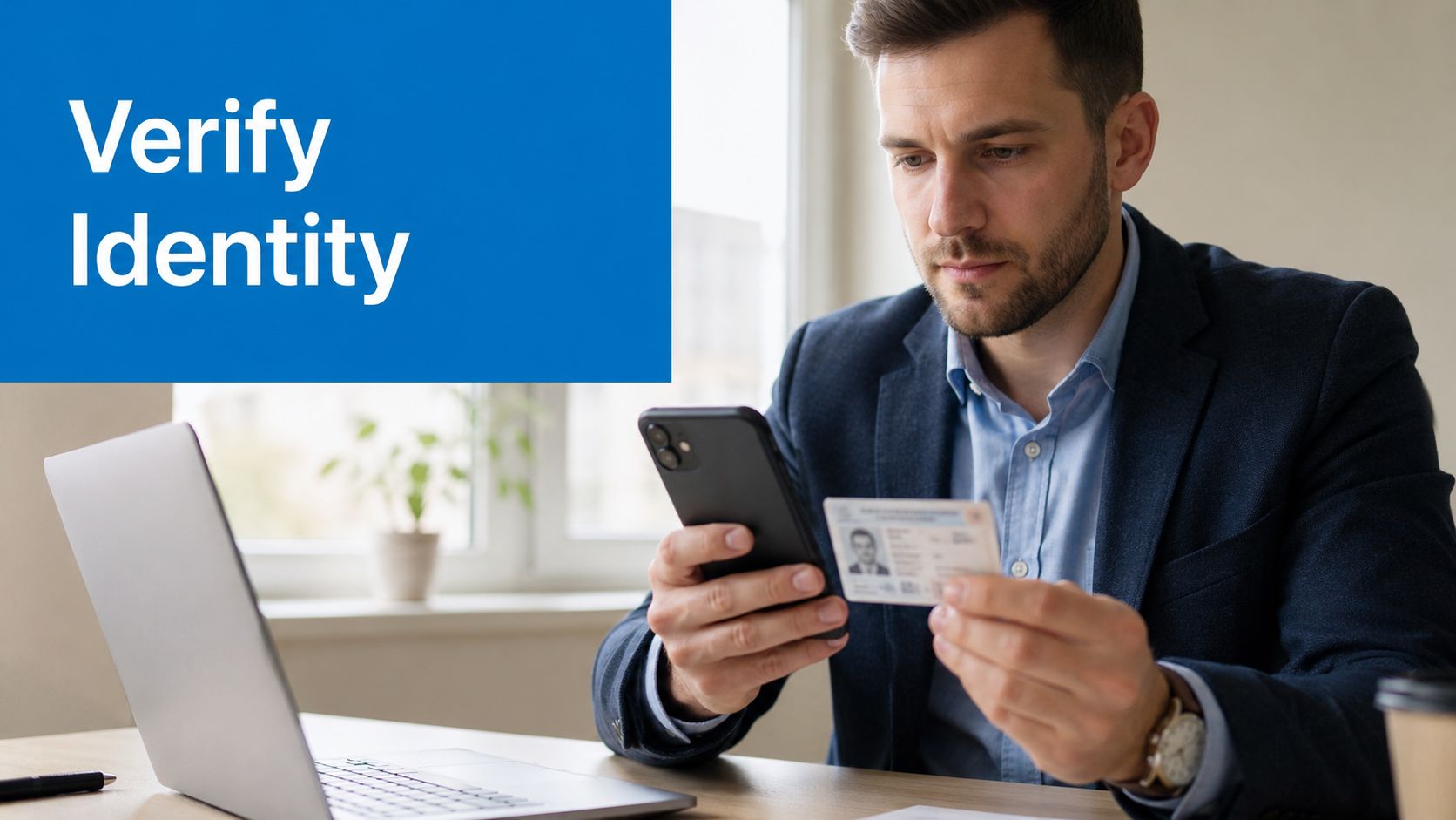 A professional man verifying his identity by holding an identification card while using his smartphone at a desk.