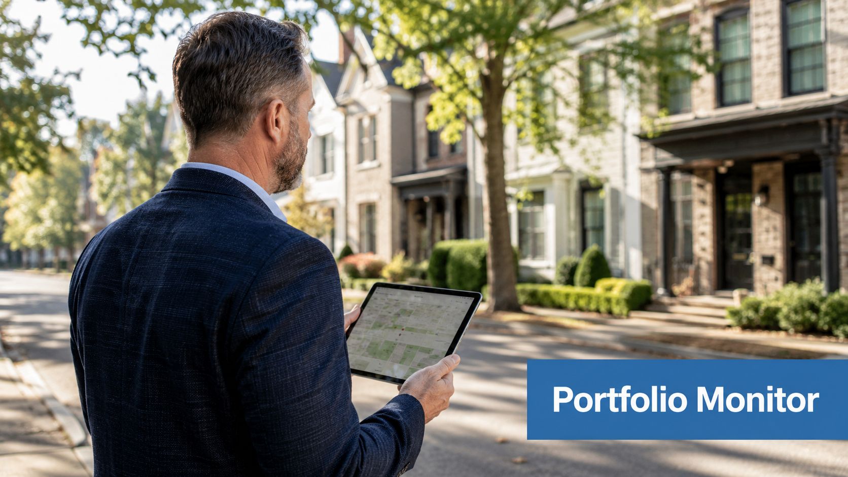 A real estate professional checking a digital portfolio map on a tablet while standing on a street.