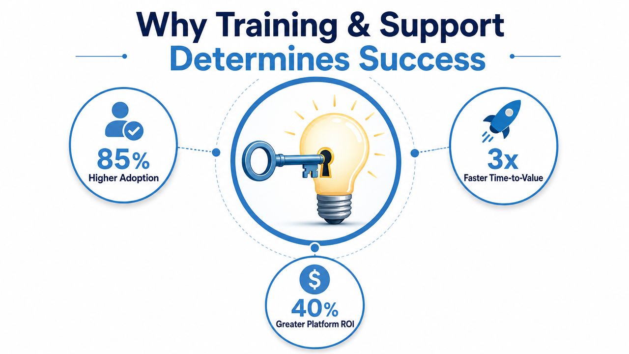 An infographic illustrating how training and support lead to higher adoption, faster time-to-value, and greater platform ROI.