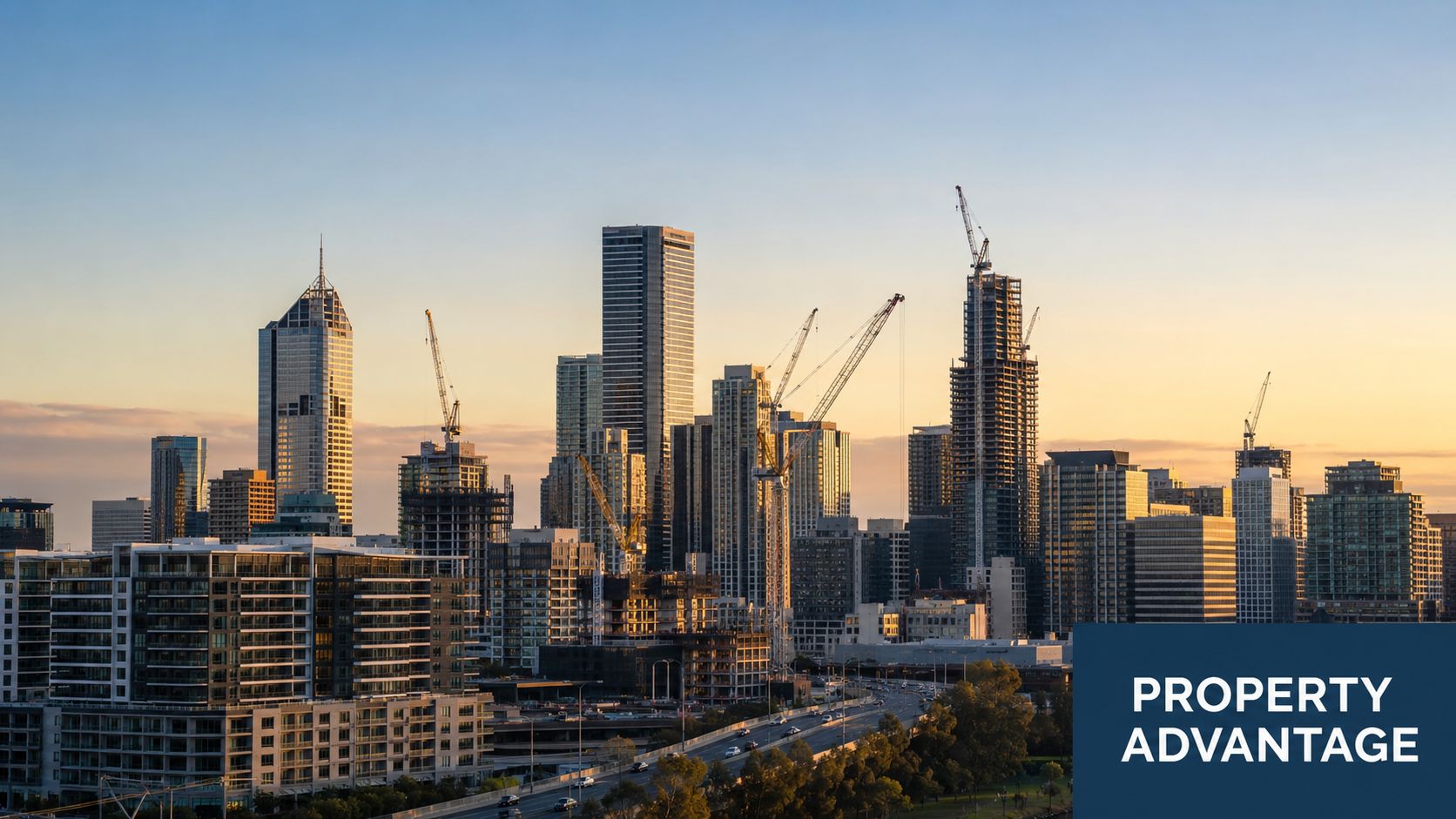 A wide angle view of a city skyline at sunset with multiple tall skyscrapers under active construction.