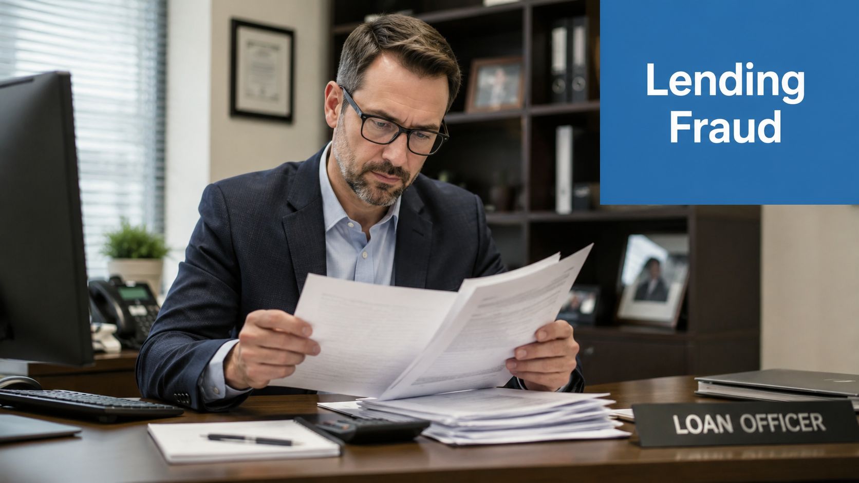 A professional loan officer reviews financial documents at his desk in an office setting.