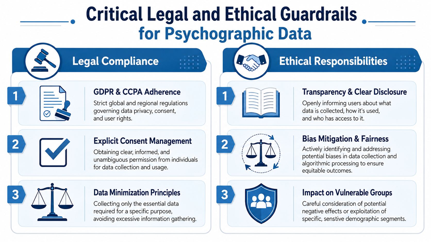A diagram outlining the legal and ethical guardrails required when managing sensitive psychographic user data.