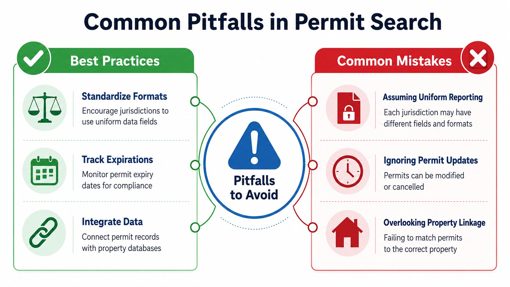 An infographic showing best practices versus common mistakes when performing a building permit search.
