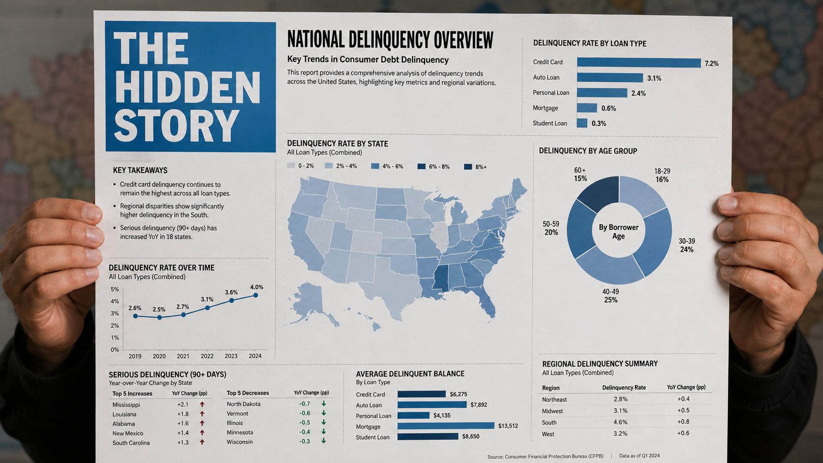 A hand-held document displaying an infographic about national delinquency rates across various loan types and demographics.