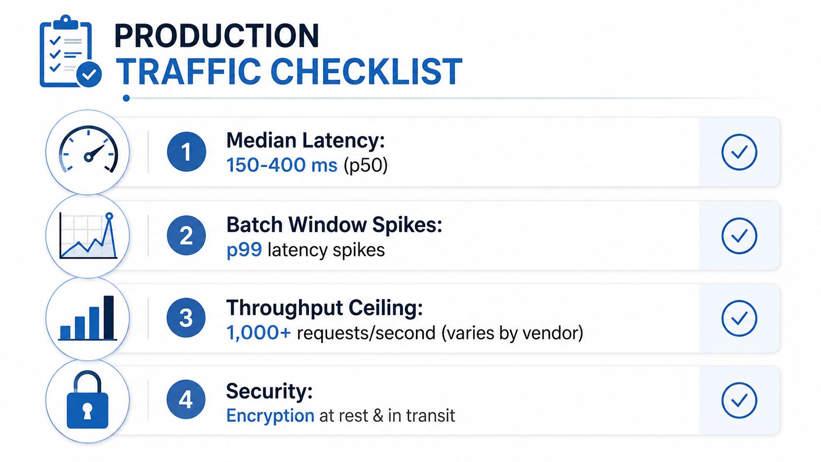 A production traffic checklist graphic highlighting median latency, batch window spikes, throughput ceiling, and security requirements.