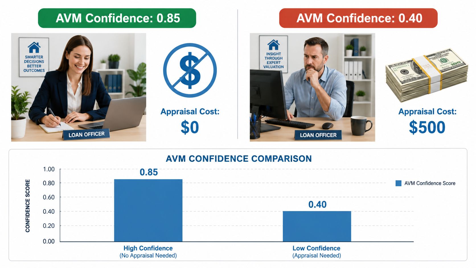 A comparison chart showing AVM confidence scores with automated versus professional appraisal costs for loan decisions.
