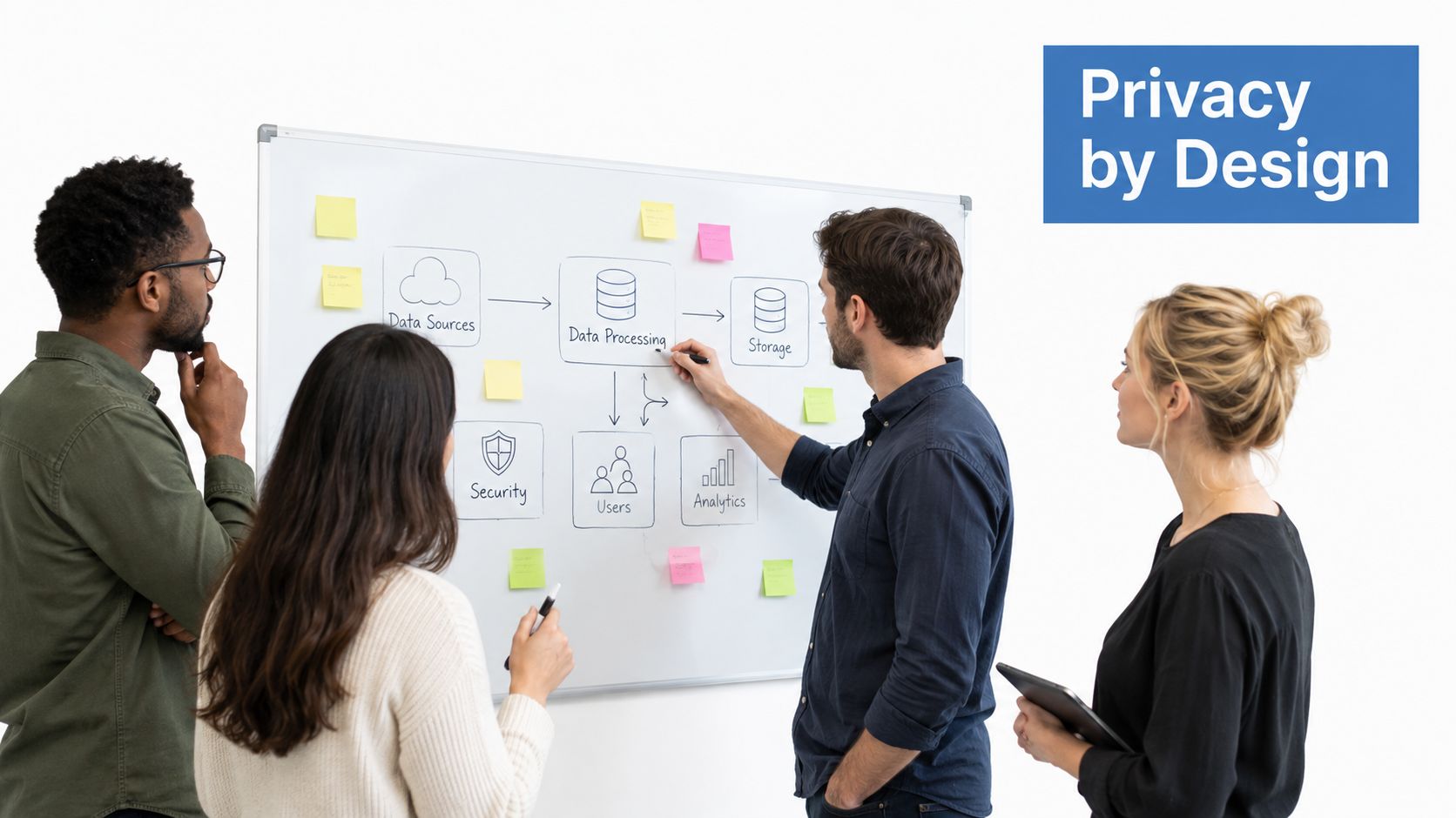 A diverse team of professionals collaboratively planning a data privacy workflow on a whiteboard in an office.