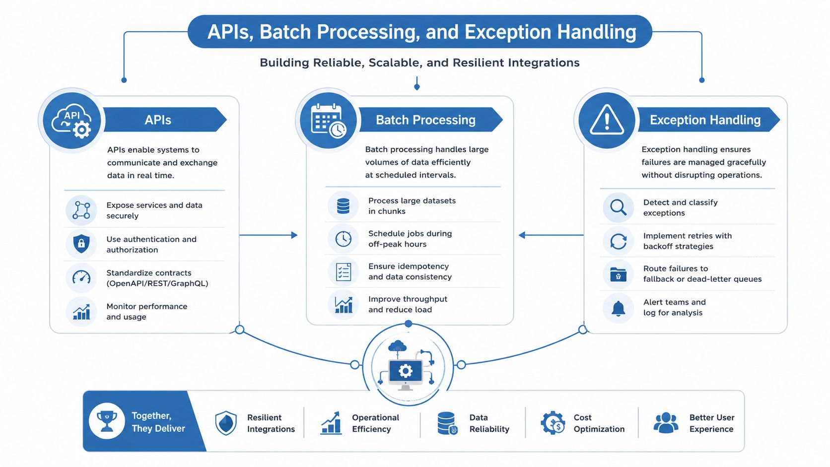 A diagram illustrating APIs, batch processing, and exception handling for building reliable and scalable software integrations.