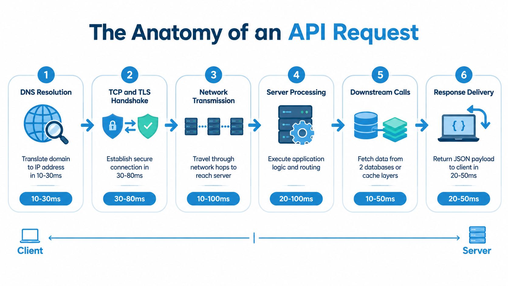 A diagram illustrating the six distinct stages of an API request process with their typical latency times.